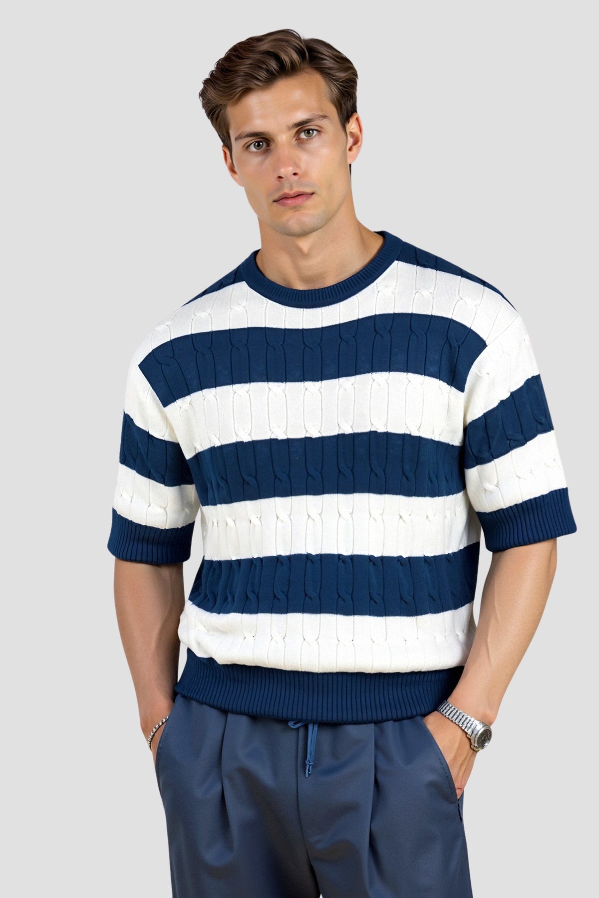 Cavallo Crew Neck Cable Knit Striped T-Shirt