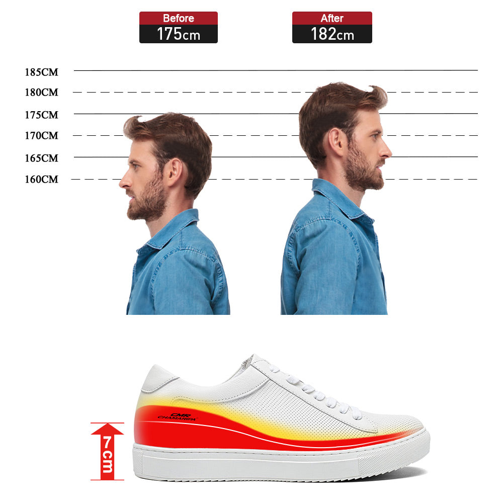 7 CM / 2.76 Inches - CMR CHAMARIPA White Sneakers That Make You Taller - Height Increasing Sneakers - Breathable Leather Casual Men's Sneakers