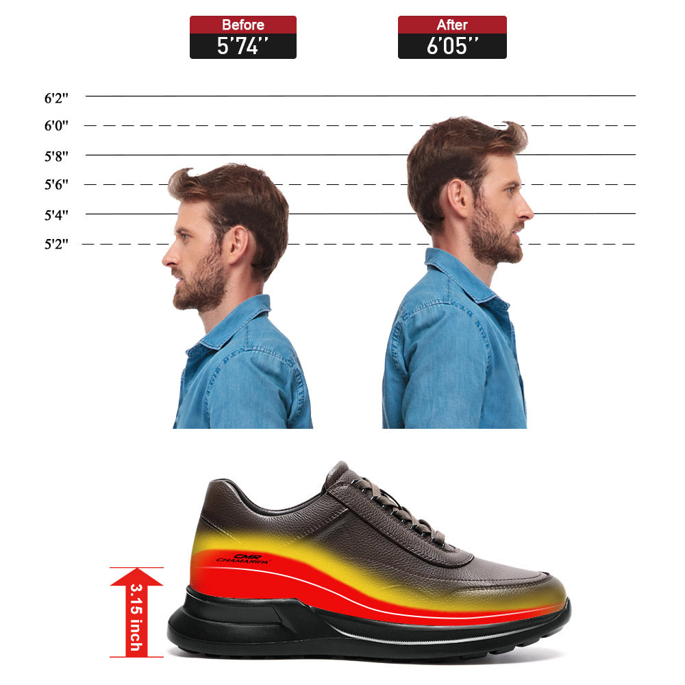 8CM / 3.15 Inches CMR CHAMARIPA Men's Height Increasing Shoes | Coffee Leather Casual Elevator Sneakers