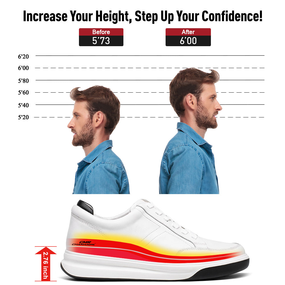 7CM/2.76 Inches CMR CHAMARIPA Men's White Leather Elevator Sneakers