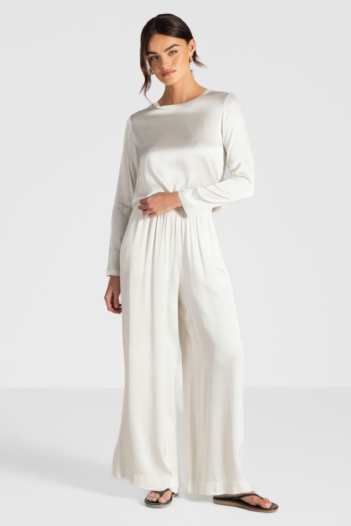 Daisy Elastic Waist Satin Pants | Ivory