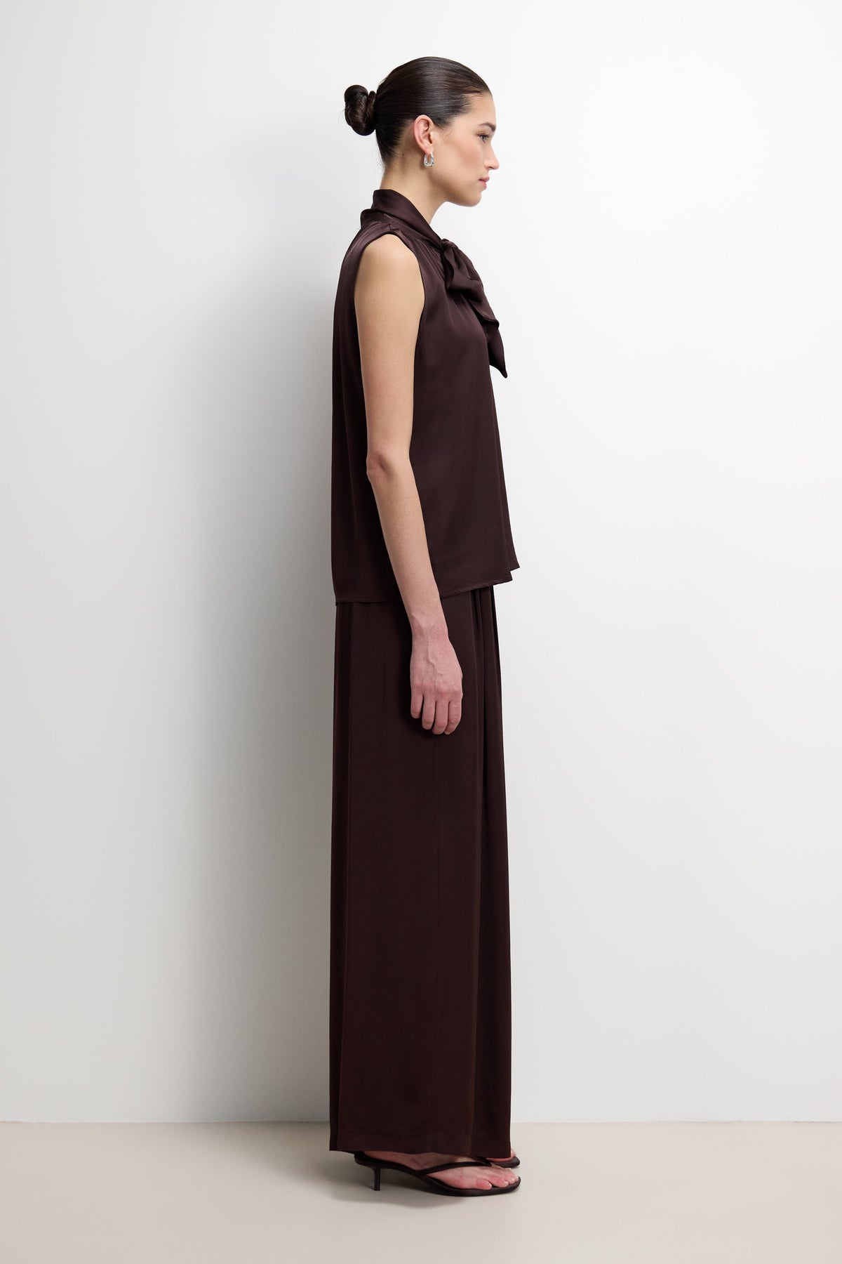 Lyanne Bow Neck Tie Satin Blouse | Espresso Brown Moire
