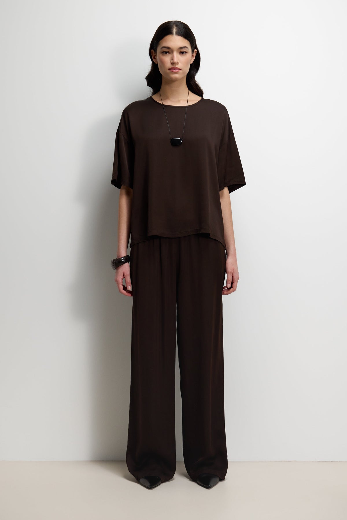 Mila Back Slit Satin Top | Espresso Brown