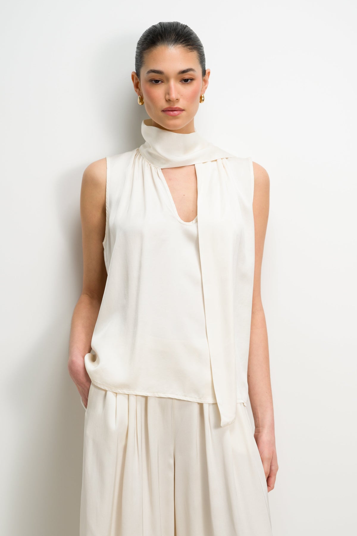 Lyanne Bow Neck Tie Satin Blouse | Ivory