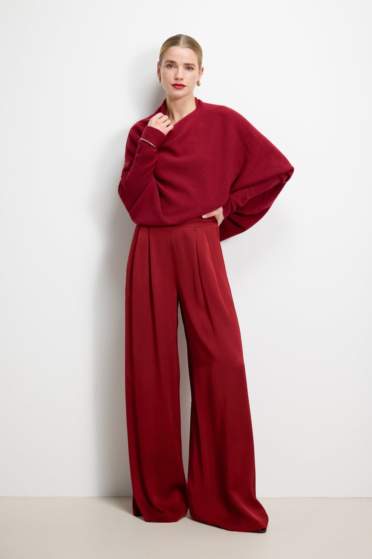 Claudia Elastic Waist Satin Trousers | Carmine