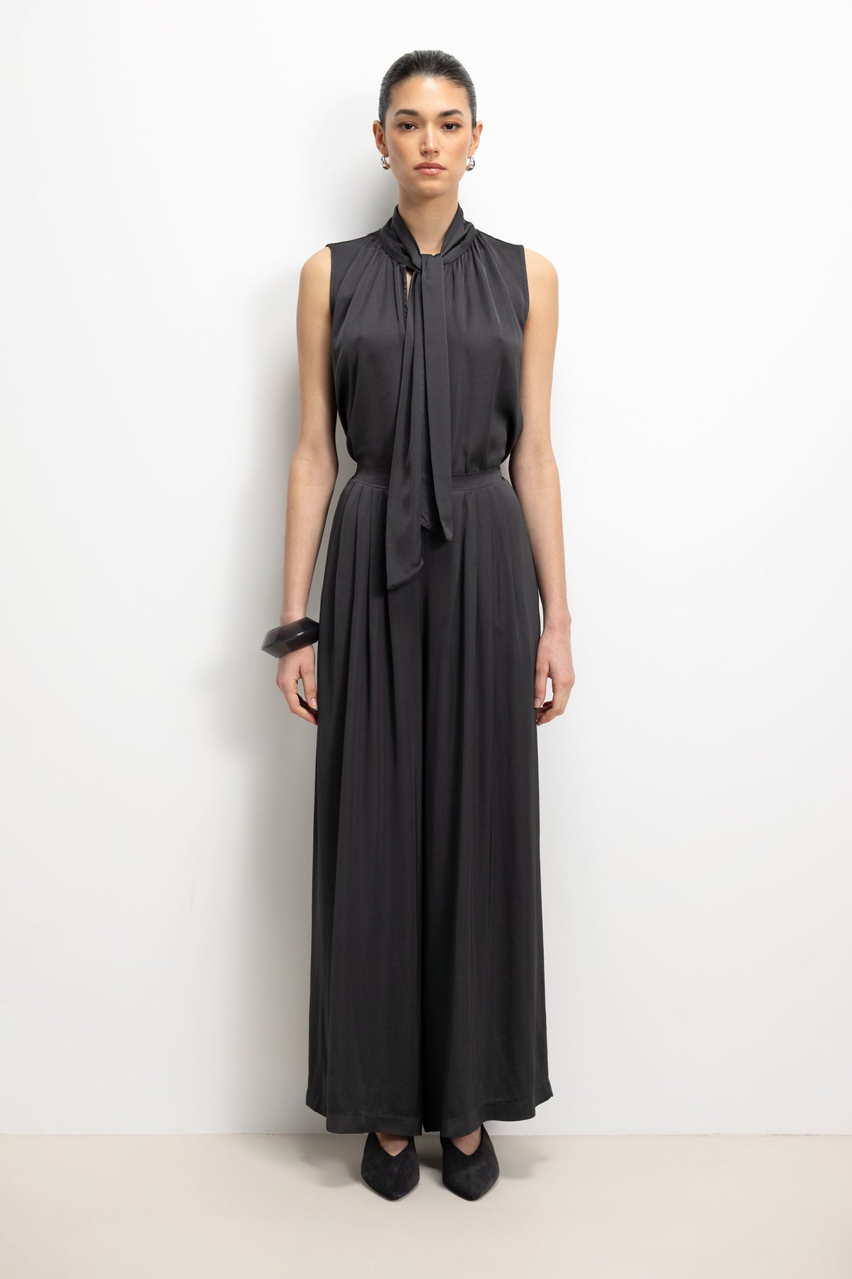 Lyanne Bow Neck Tie Satin Blouse | Anthracite