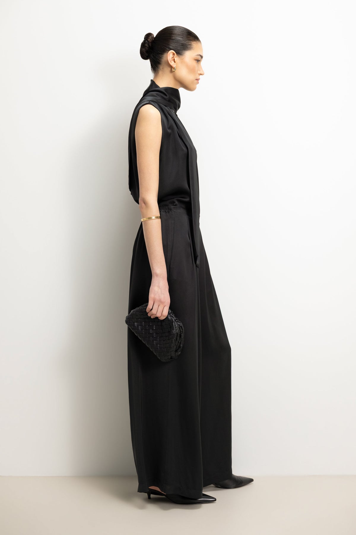 Arden Pleated Elastic Waist Satin Trousers | Black