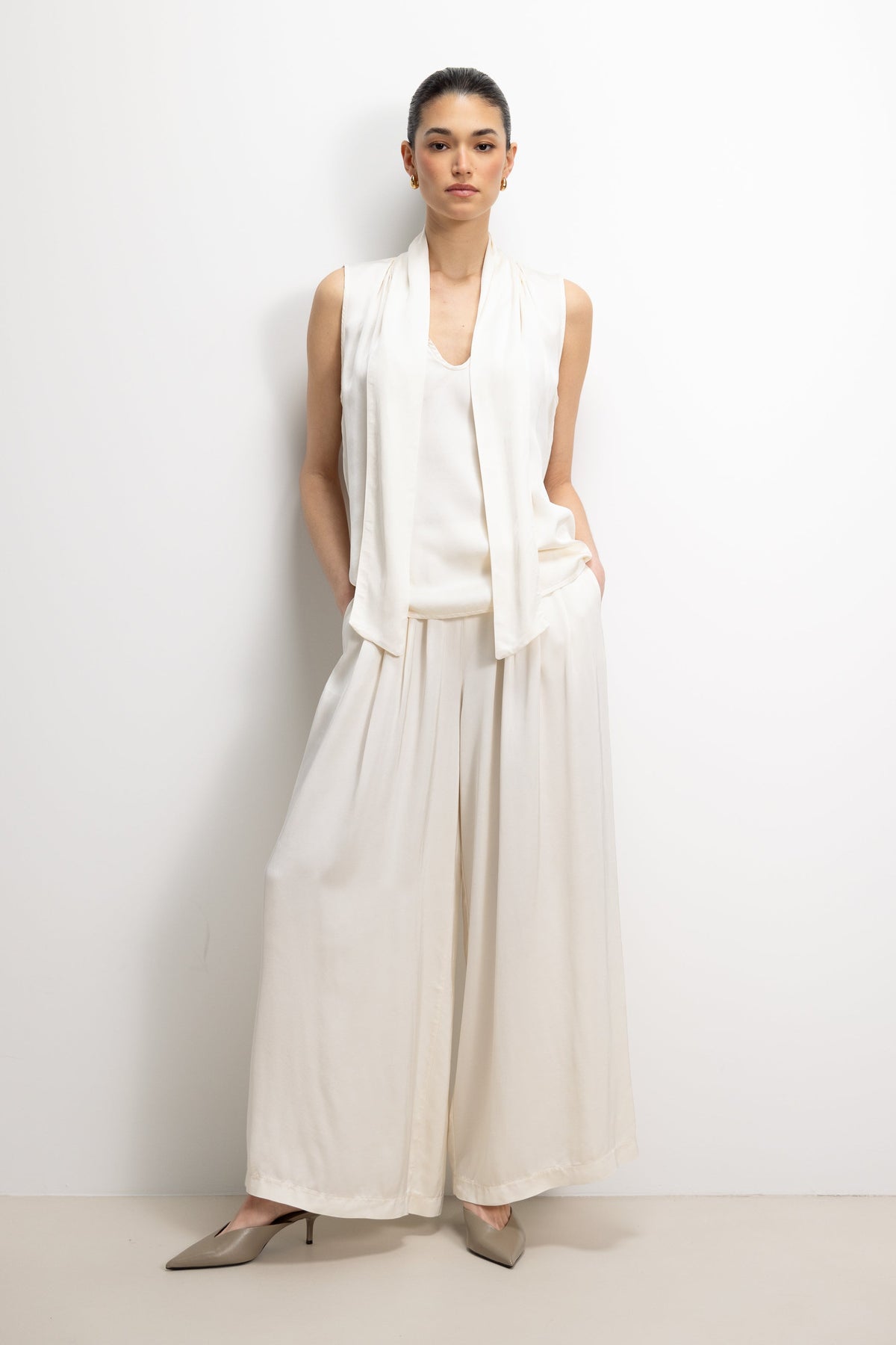 Arden Pleated Elastic Waist Satin Trousers | Ivory
