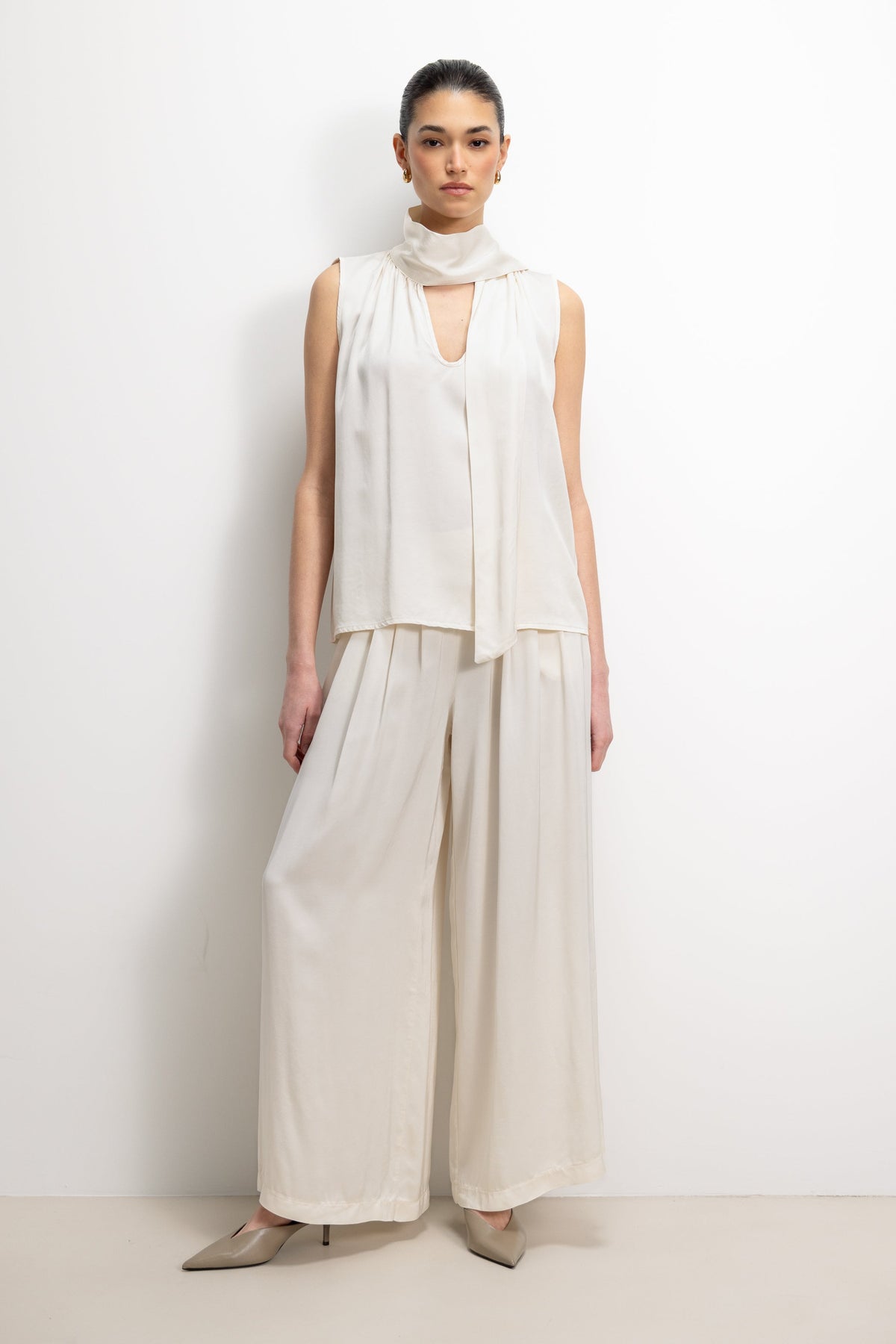Arden Pleated Elastic Waist Satin Trousers | Ivory