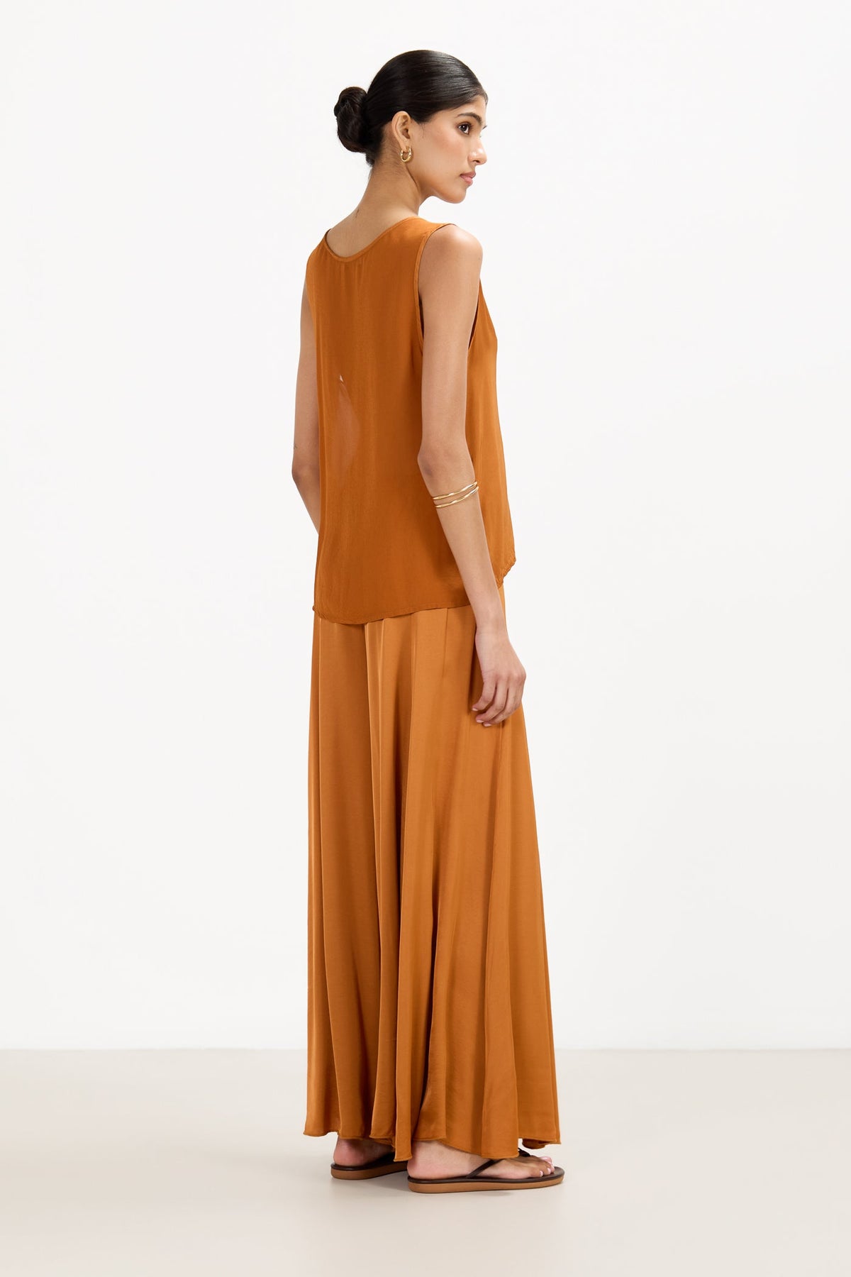 Gigi V Neck Sheer Back Satin Top | Sunset Orange