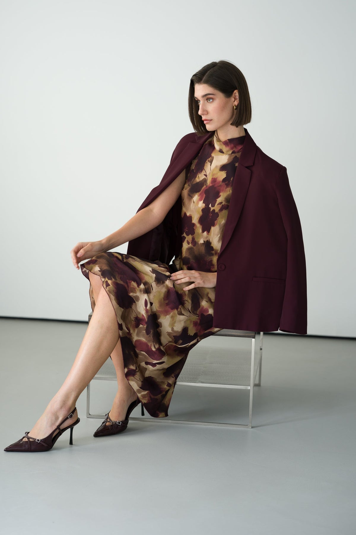 Selena Halterneck Satin Midi Dress | Plum Floral
