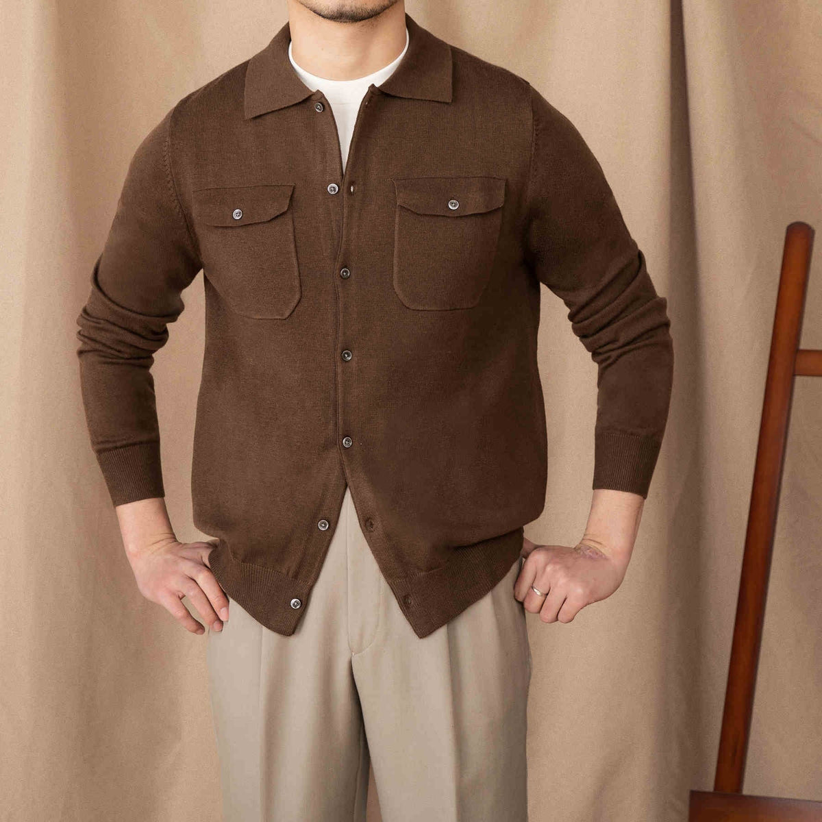 Chest Pocket Wool Blend Long Sleeve Knitted Cardigan