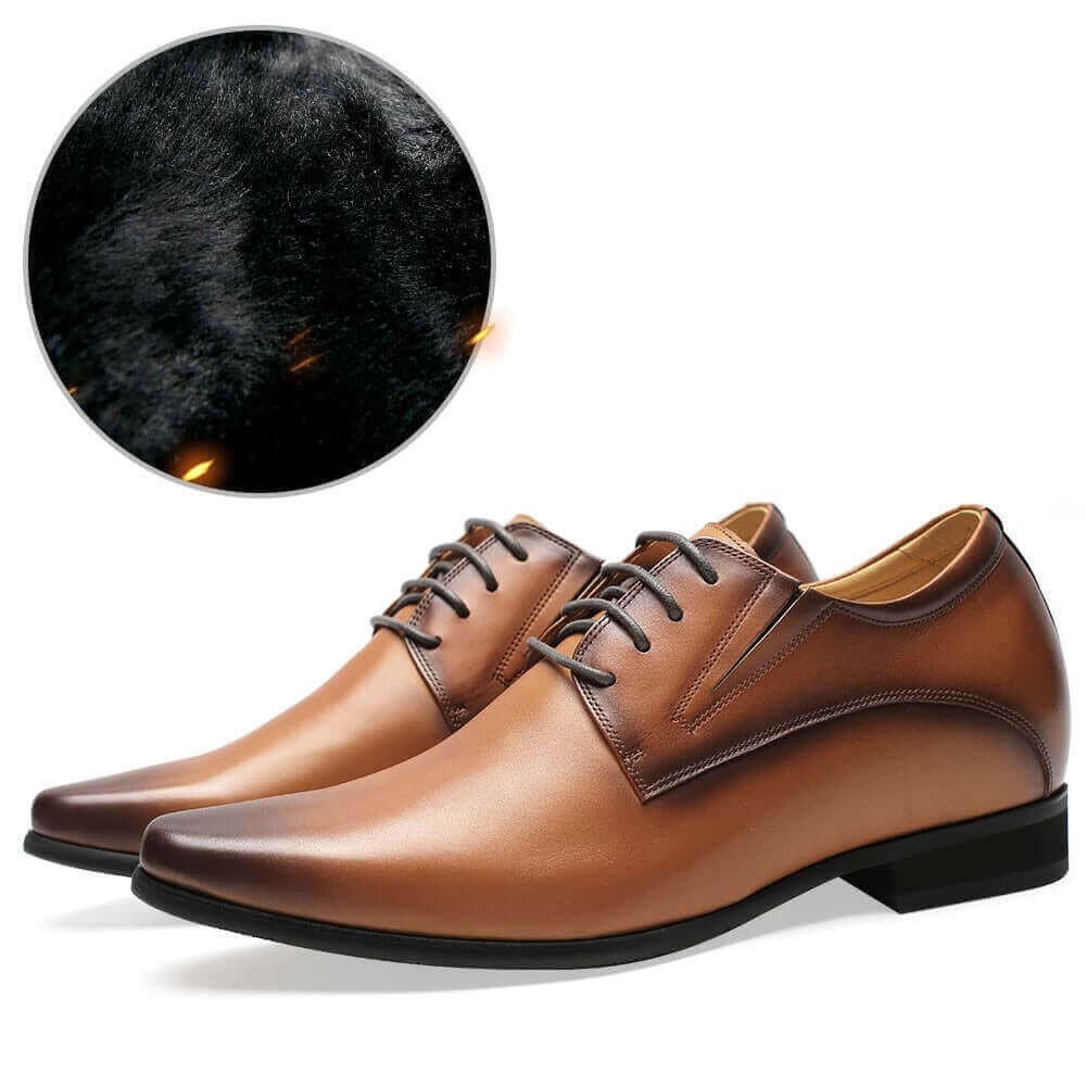 8 CM / 3.15 Inches - CMR CHAMARIPA Men's Elevator Shoes Warm Fur Lined Winter Shoess Brown Derby High Heel Men Dress Shoes