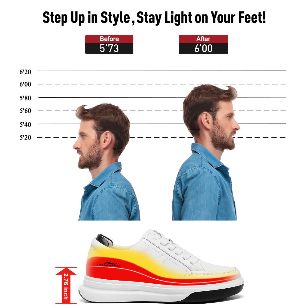 7CM/2.76 Inches CMR CHAMARIPA  Men's White Leather Elevator Sneakers