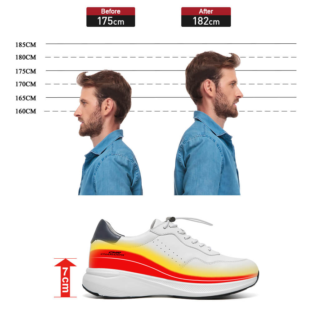 7CM / 2.76 Inches  CMR CHAMARIPA Men's Elevator Shoes | White Leather Trainers That Make You Taller