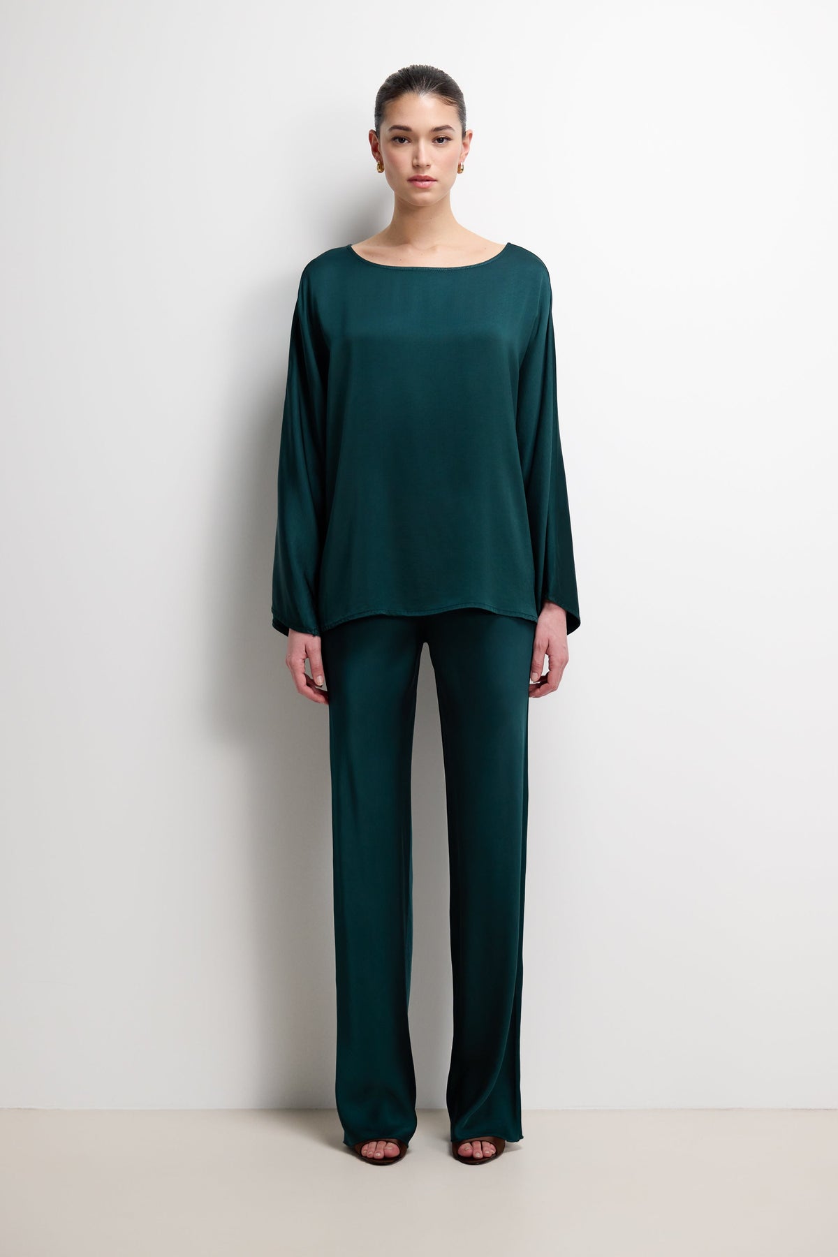 Genet Elastic Waist Bias Satin Trousers | Teal