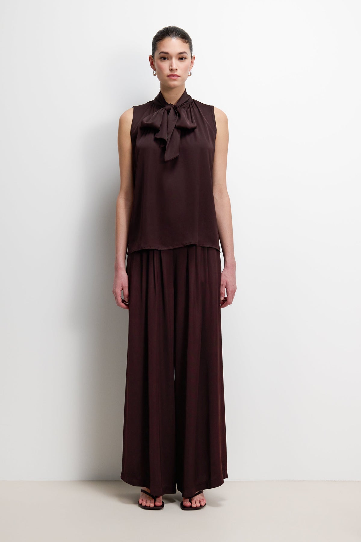 Arden Pleated Elastic Waist Satin Trousers | Espresso Brown Moire