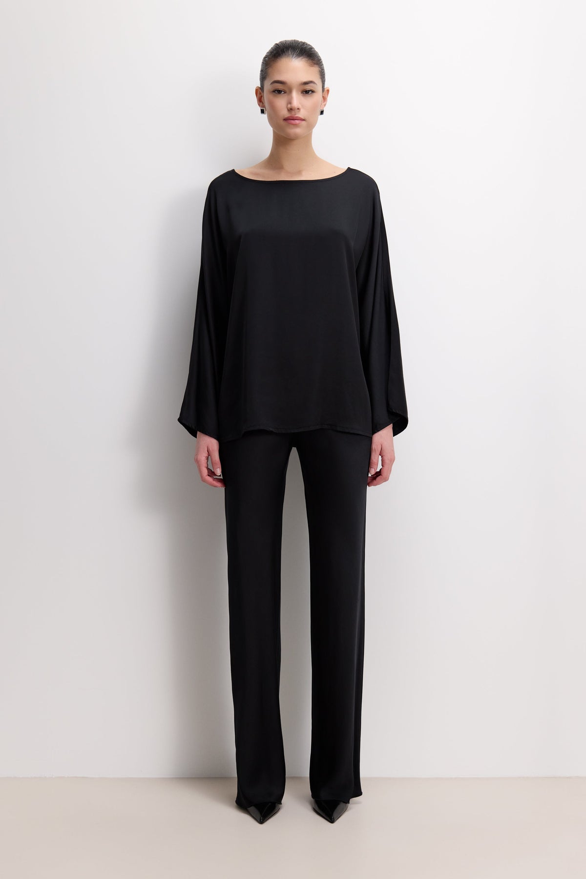 Arlet Wide Sleeve Boatneck Satin Top | Black
