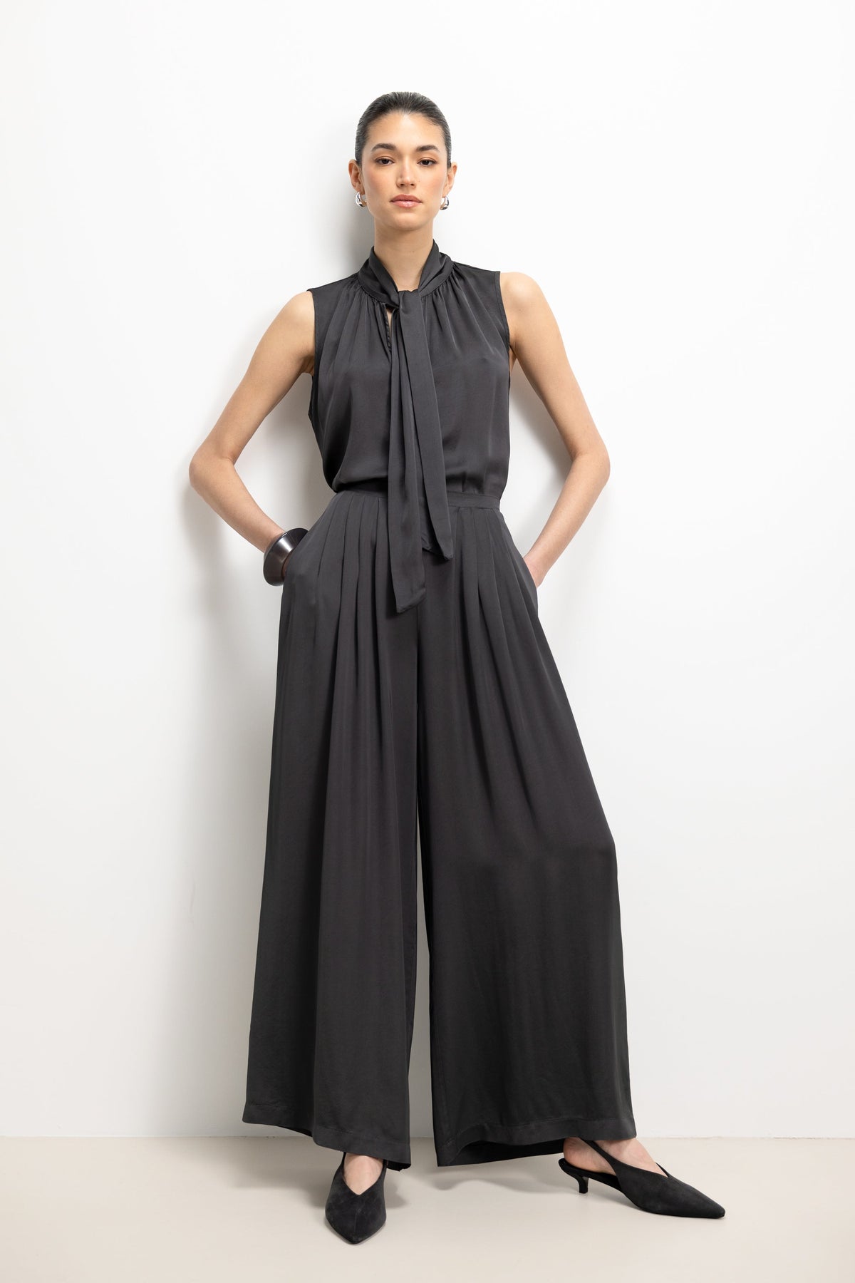 Arden Pleated Elastic Waist Satin Trousers | Anthracite