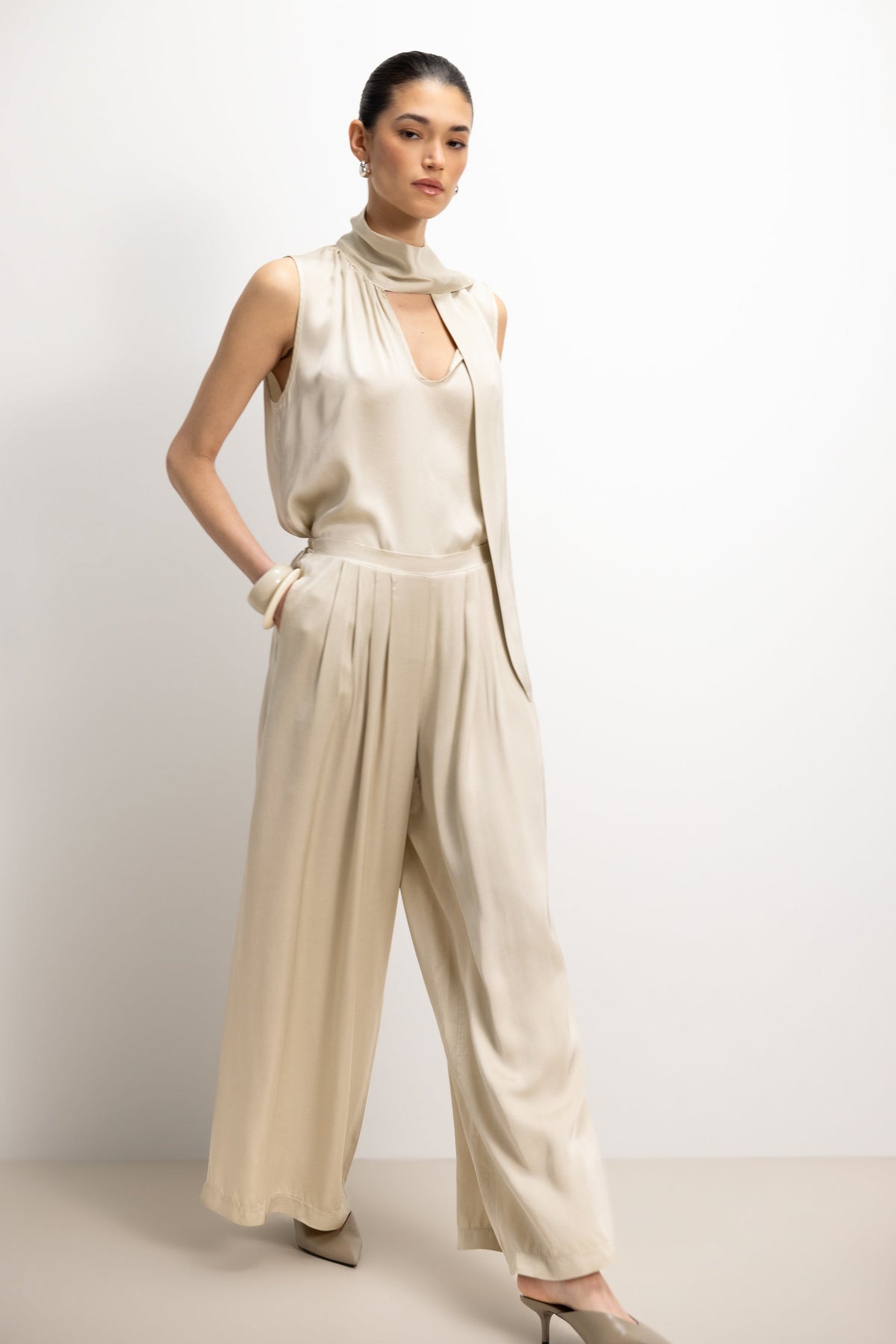 Arden Pleated Elastic Waist Satin Trousers | Honey