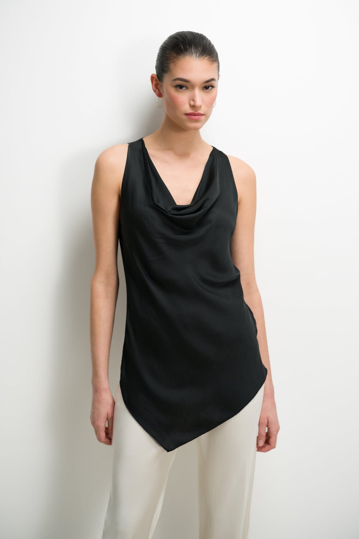 Les Asymmetric Cowl Neck Satin Top | Black