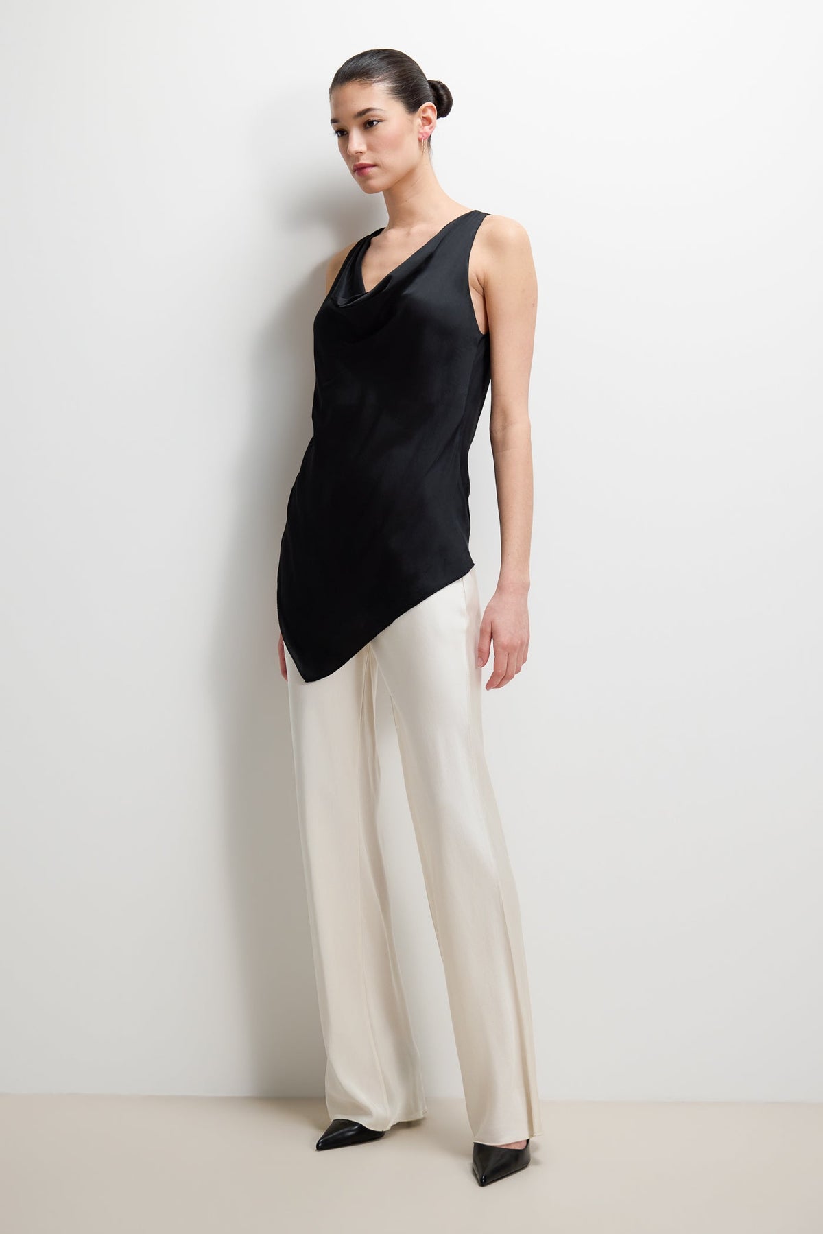 Les Asymmetric Cowl Neck Satin Top | Black