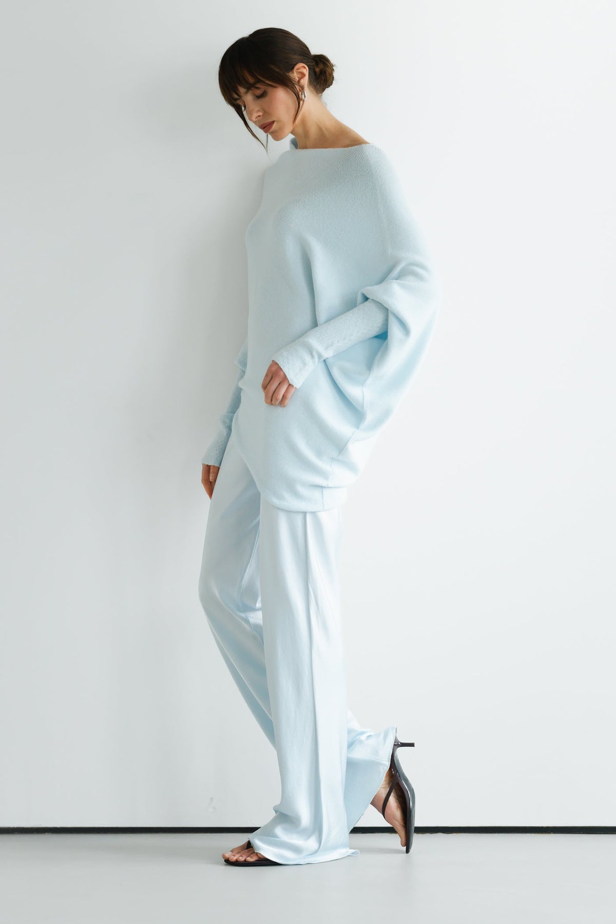 Genet Elastic Waist Bias Satin Trousers | Glacier