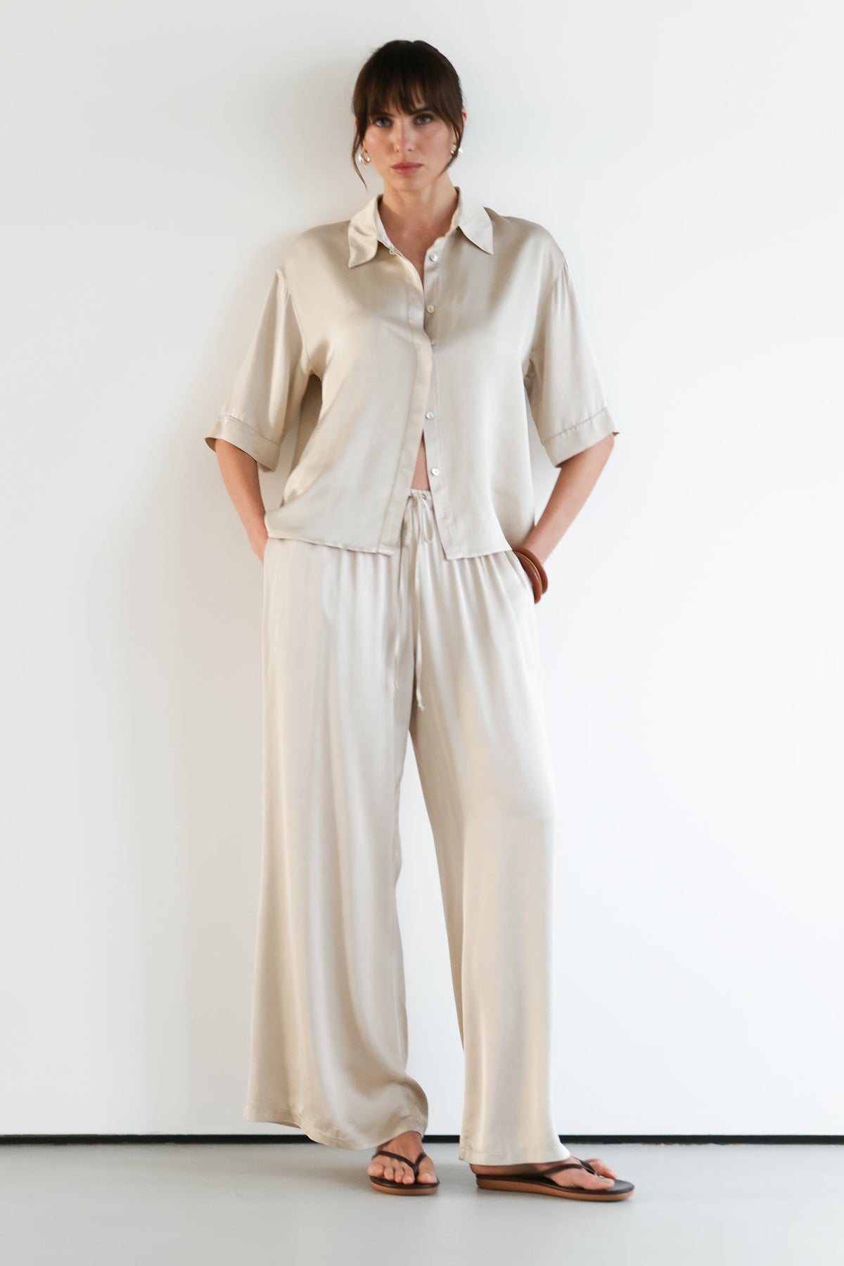 Rhea Satin Shirt | Light Beige