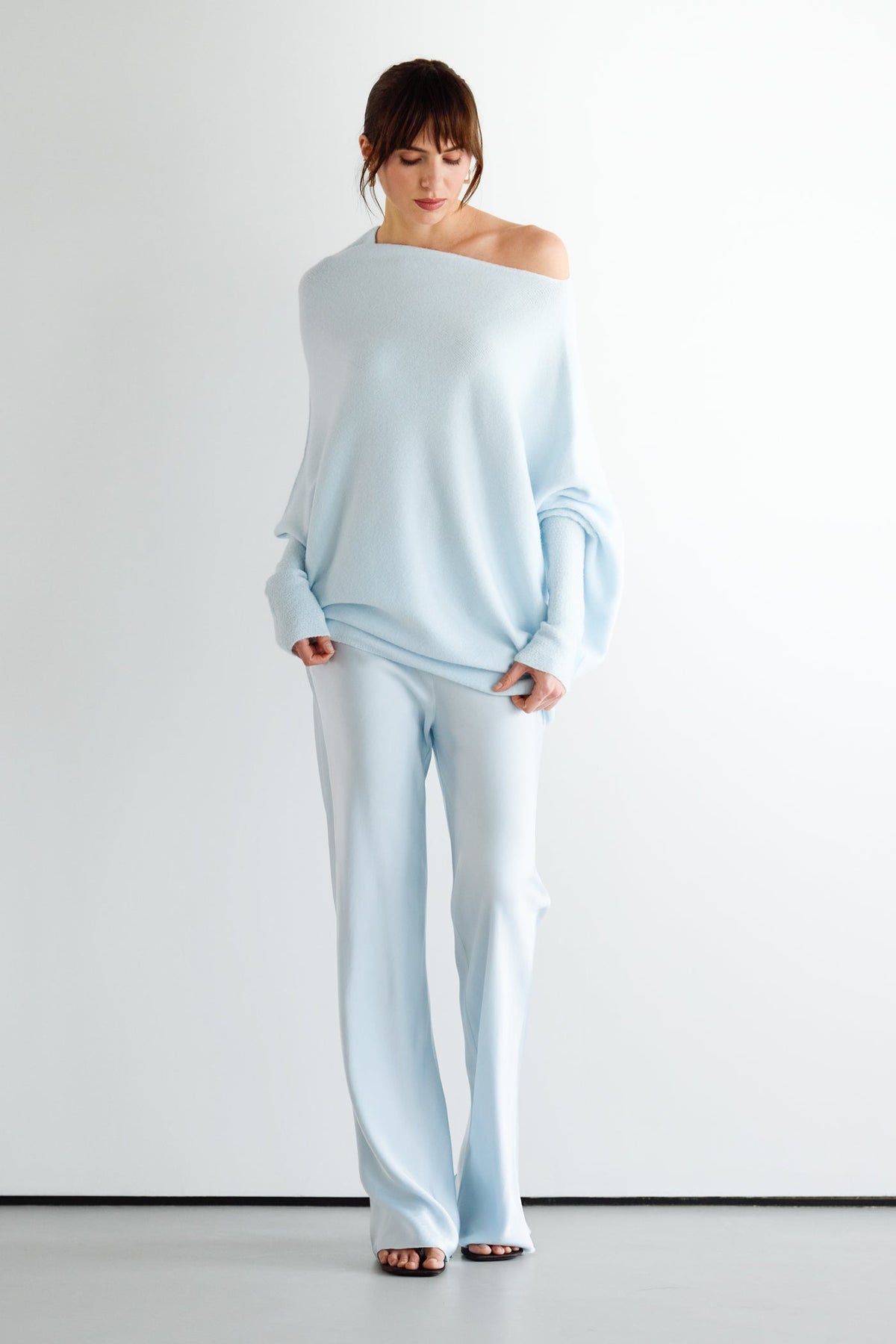 Genet Elastic Waist Bias Satin Trousers | Glacier
