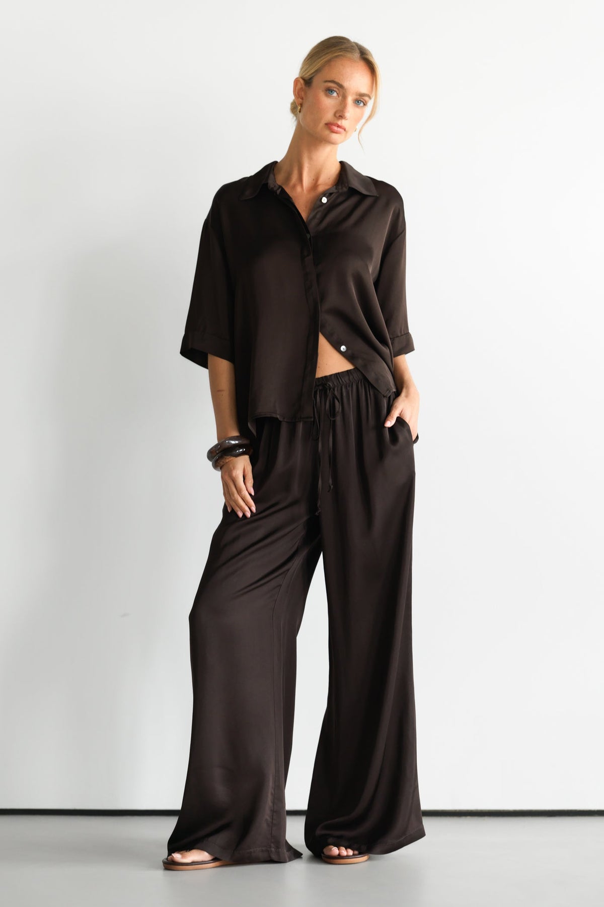 Rhea Satin Shirt | Espresso Brown