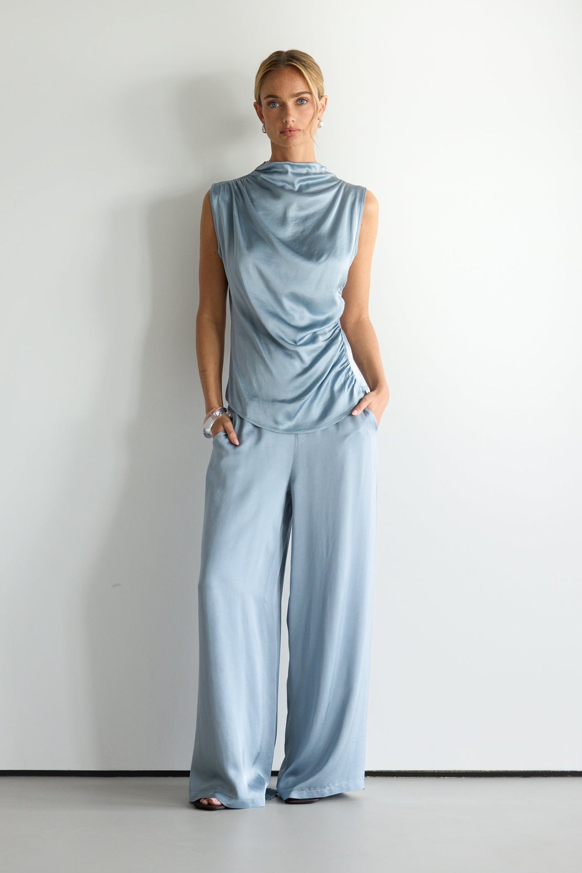 Cole Satin Trousers | Dusty Blue
