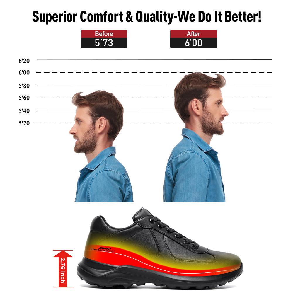 7CM / 2.76 Inches CMR CHAMARIPA Men's Shoes With Higher Heels - Black Leather Height Boosting Trainers